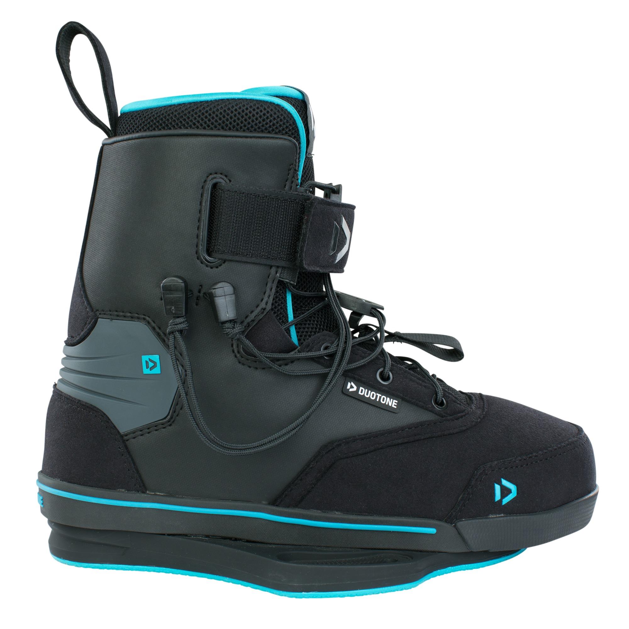 Duotone Kitesurf-Stiefel - Windsport Fehmarn Schwarzer Duotone Kitesurf-Boot mit türkisen Akzenten, seitliche Ansicht auf weißem Hintergrund.