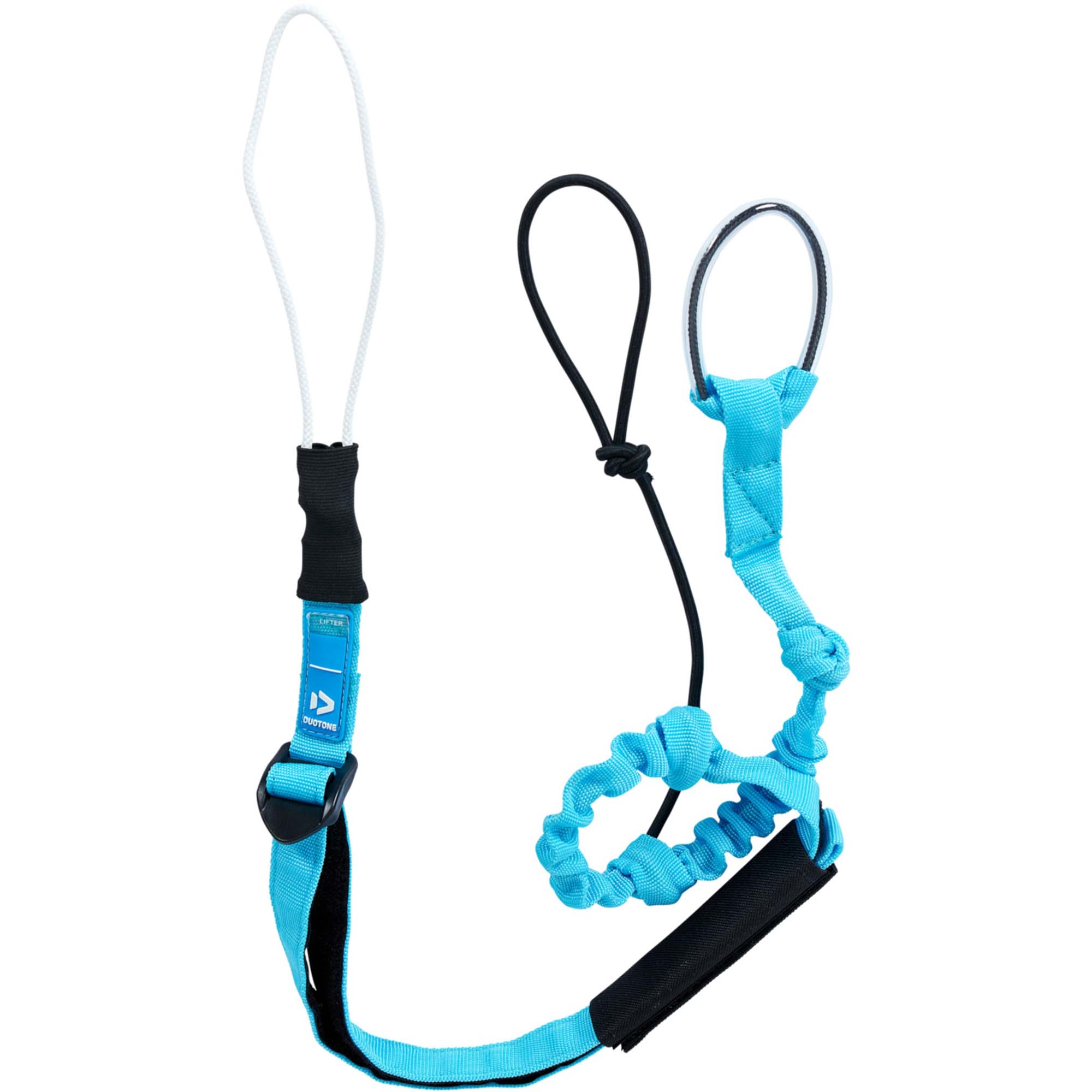 Duotone Kitesurf Leash Lifter - Windsport Fehmarn Ein hellblaues Duotone Kitesurf-Leash mit Lifter-Funktion vor weißem Hintergrund.