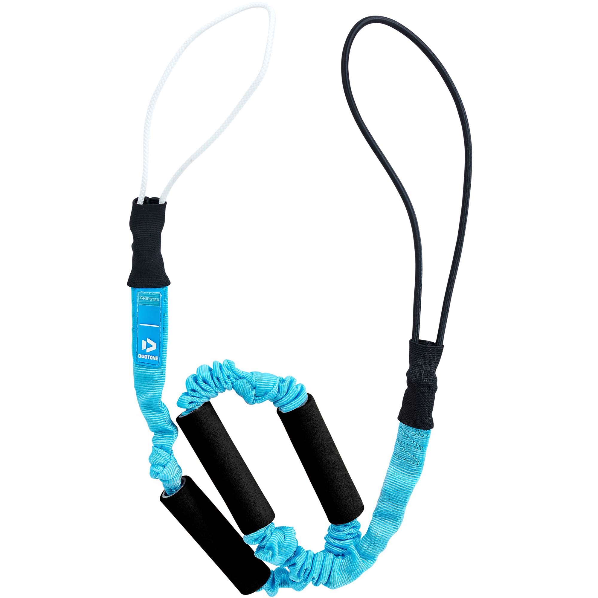 Duotone Gripster Wing-Leash - Windsport Fehmarn Duotone Gripster Wing-Leash mit hellblauem elastischem Band, zwei schwarzen Griffstücken und Befestigungsschlaufen.