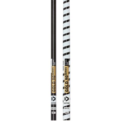 Zwei Duotone Gold 90 Windsurfmasten, links ein schwarzer RDM 400 und rechts ein schwarz-weiß gestreifter SDM 460.