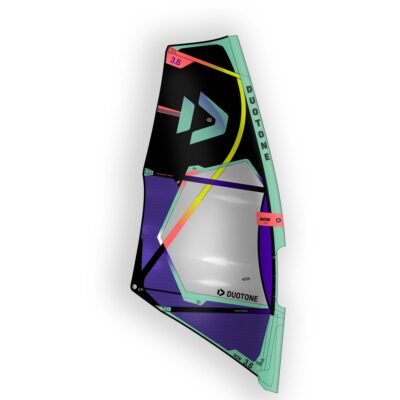 Duotone Now Windsurfsegel in Größe 3.6 in Schwarz, Violett und Mintgrün vor weißem Hintergrund.