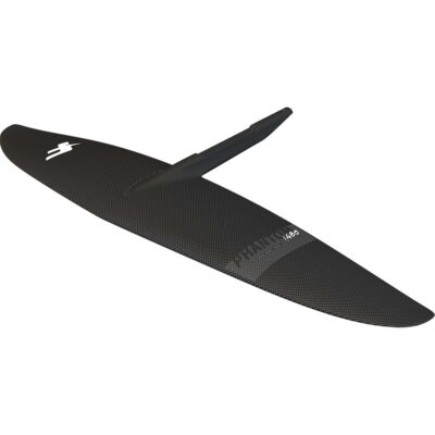 Schwarzer F-One Carbon-Tragflügel für Wing-Foil-Boards mit sichtbarer Kohlefaserstruktur auf weißem Hintergrund.