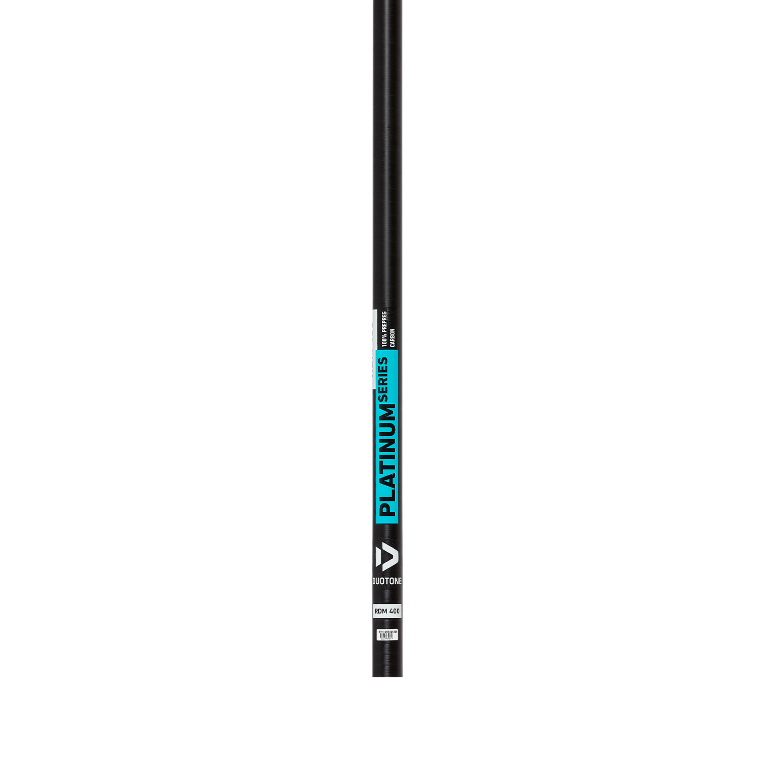 Duotone Platinum Series RDM Mast - Windsport Fehmarn Ein schwarzer Duotone Platinum Series Carbon-Mast mit türkisem Label vor weißem Hintergrund.