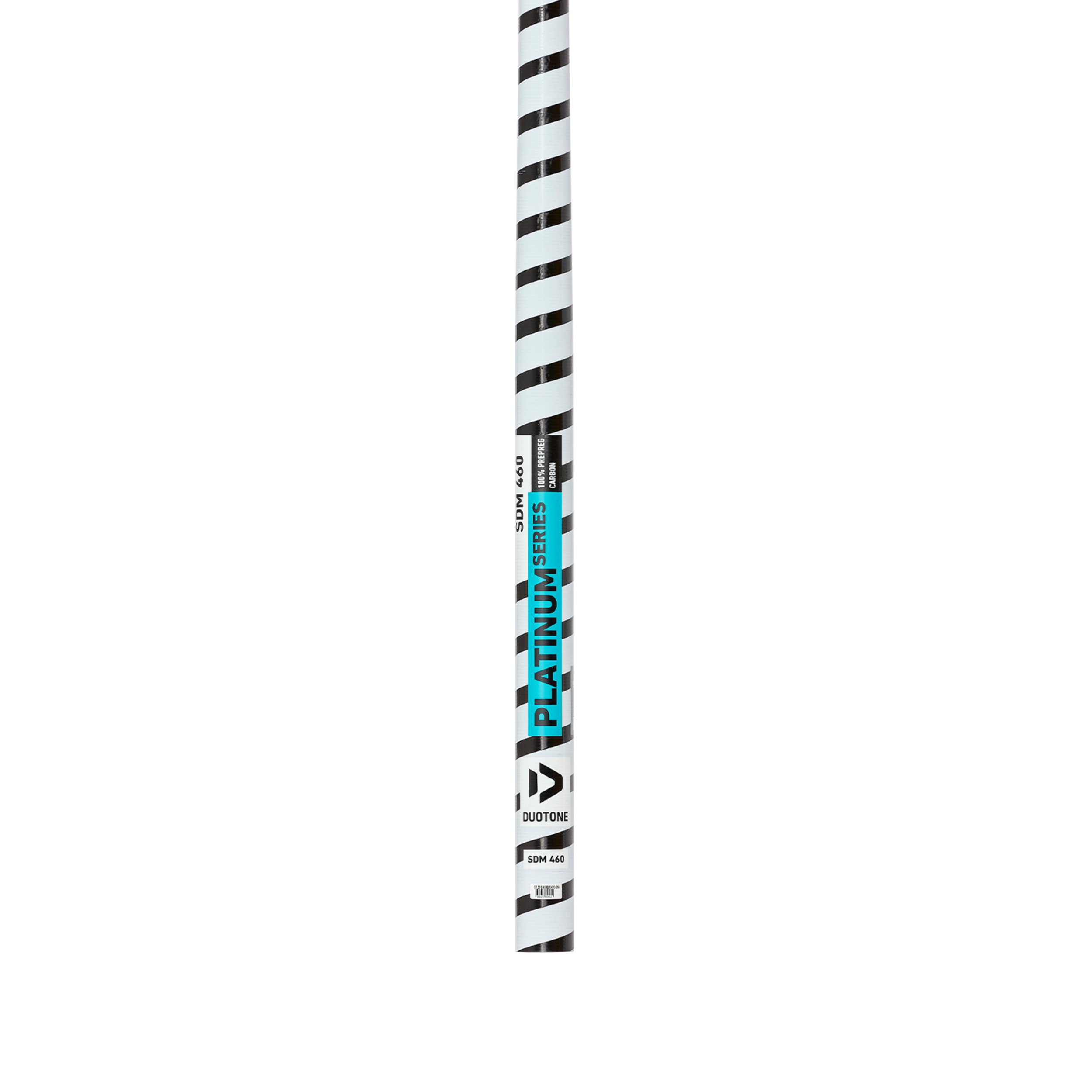 Duotone Platinum SDM Mast - Windsport Fehmarn Ein weißer Windsurf-Mast mit schwarzem Streifenmuster und Duotone Platinum Branding vor weißem Hintergrund.