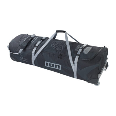 Schwarze ION Golf-Reisetasche mit Rollen und grauen Riemen vor weißem Hintergrund.