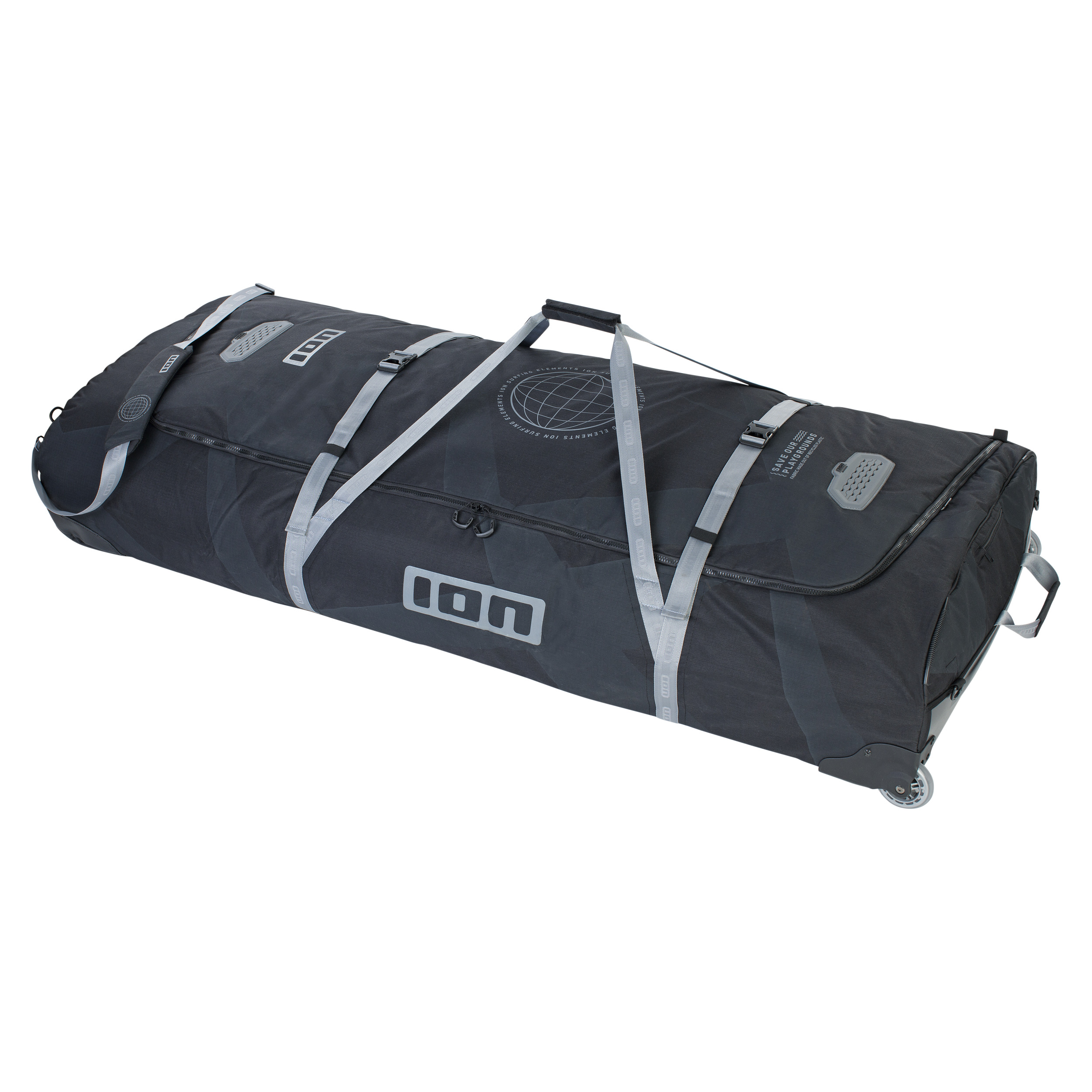 ION Kitesurf Reise-Rollentasche - Windsport Fehmarn Schwarze ION Boardbag mit Rollen und Tragegurten vor weißem Hintergrund