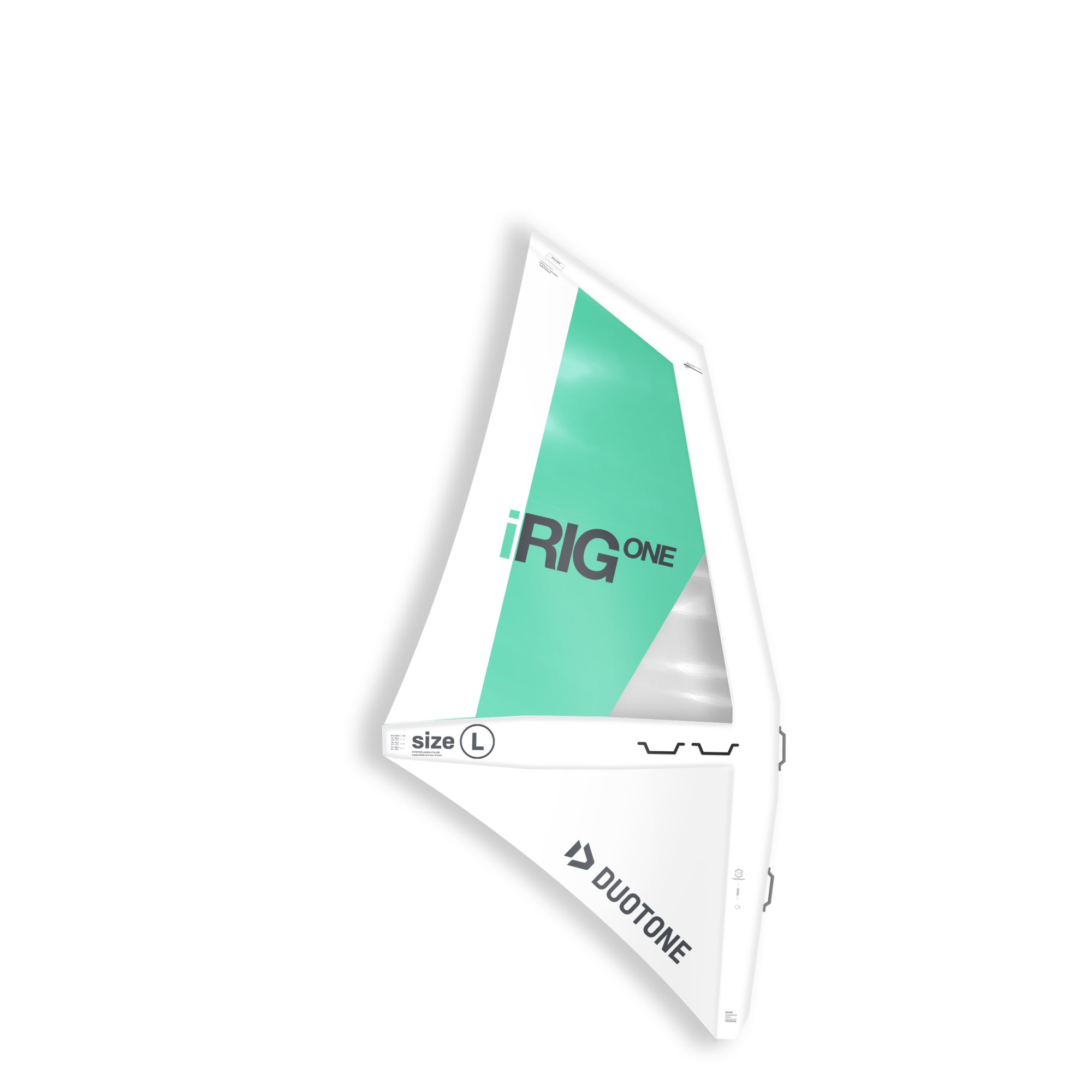 Duotone iRIG ONE Windsurfsegel - Windsport Fehmarn Ein weißes Duotone iRIG ONE Windsurfsegel in Größe L mit mintgrüner Grafik auf weißem Hintergrund.