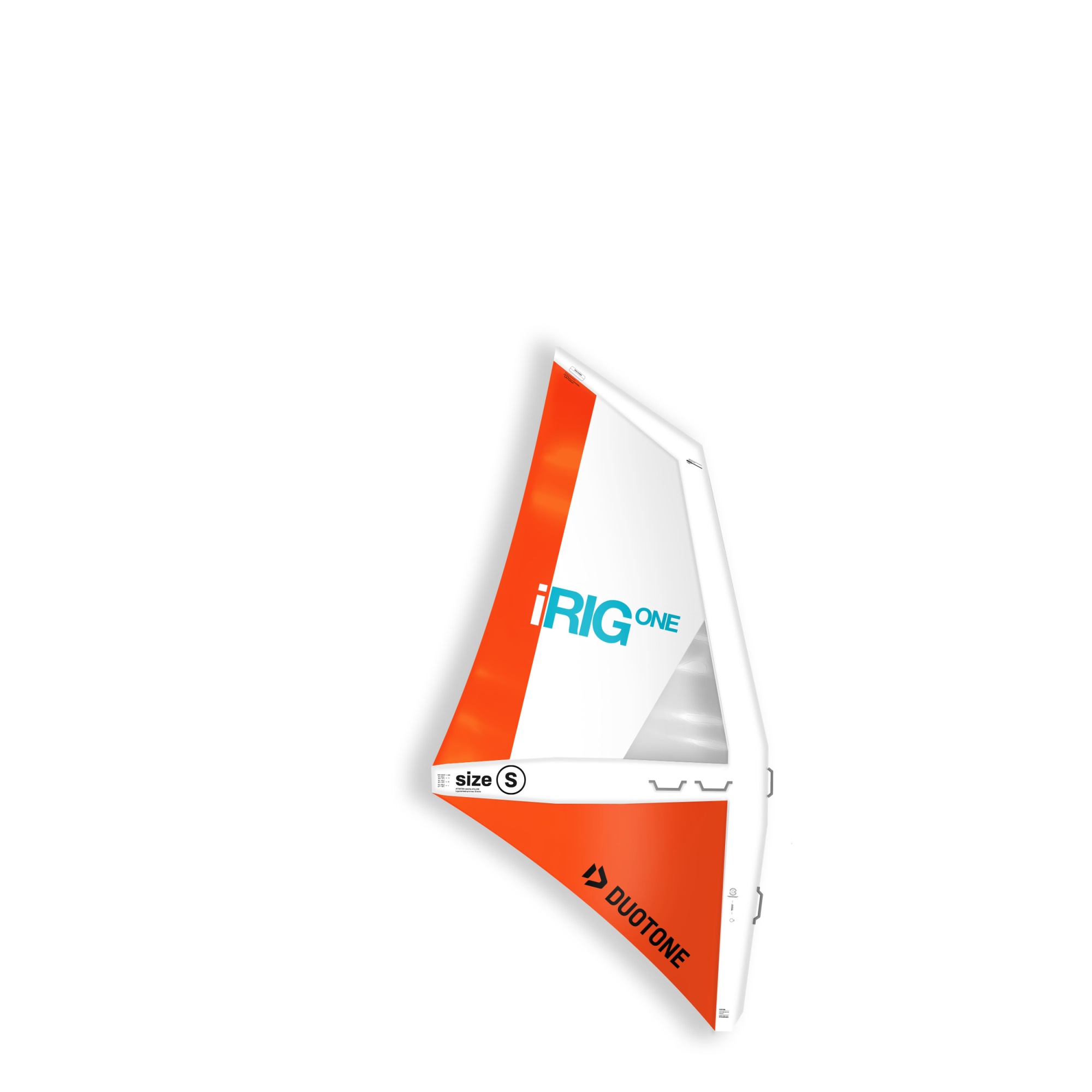 Duotone iRIG ONE Windsurf-Segel - Windsport Fehmarn Aufblasbares Duotone iRIG ONE Windsurf-Segel in Größe S, weiß und orange auf neutralem Hintergrund.