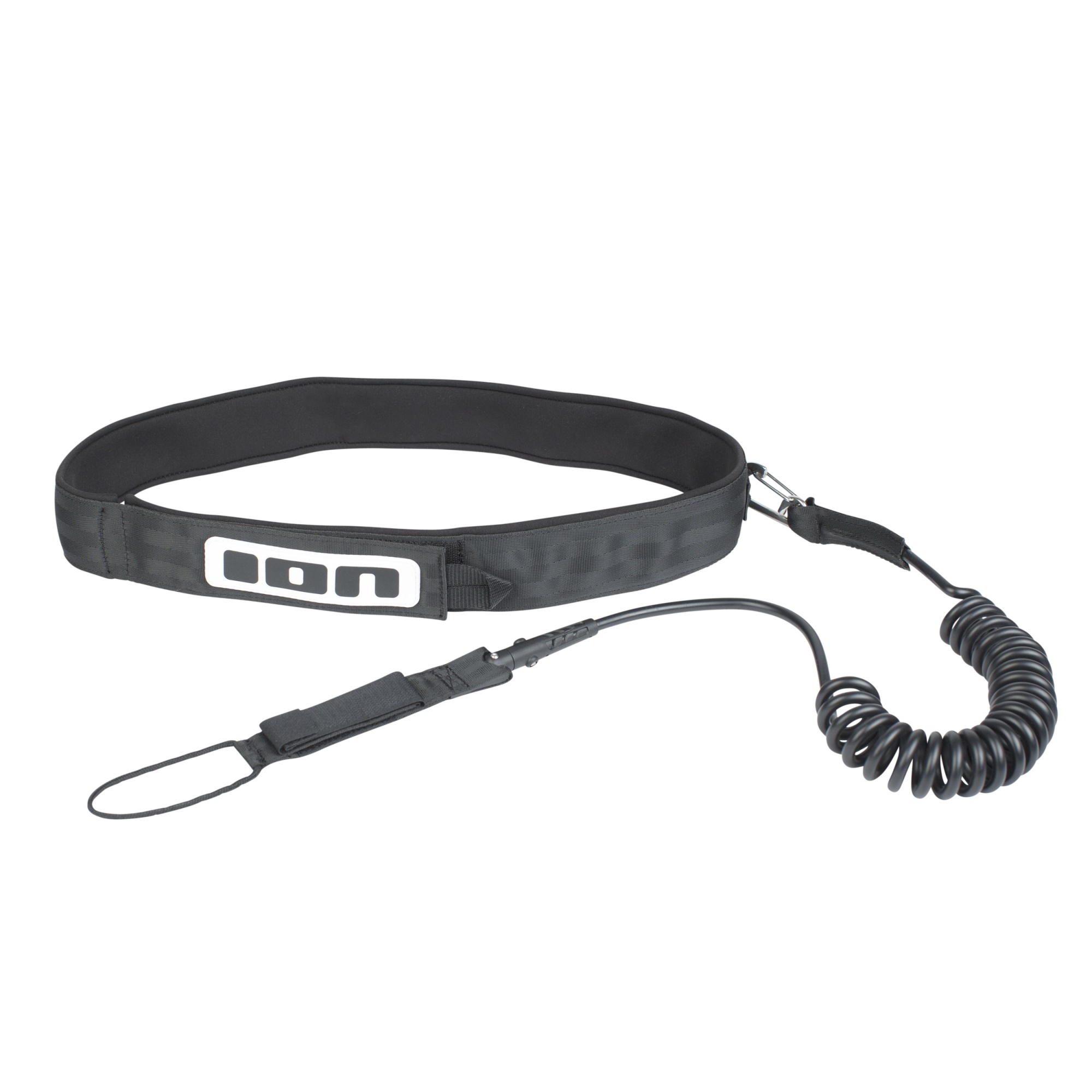 ION Wingfoiling Board Leash - Windsport Fehmarn Schwarzer ION Hüftgurt für Wingfoiling mit elastischer Spiralleine und Klettverschluss-Sicherung vor weißem Hintergrund.