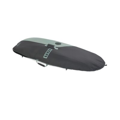 Eine graue ION Surfboard-Tasche liegt schräg auf weißem Hintergrund, mit Tragegriffen und ION-Logo.
