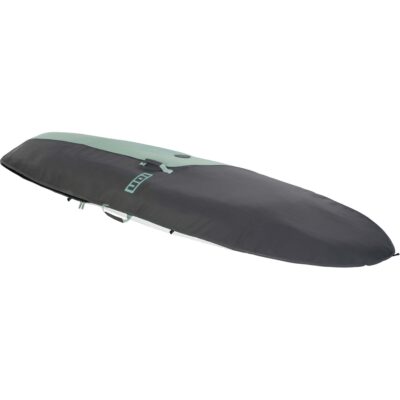 Ein gepolstertes graues und mintgrünes ION Boardbag für Surfbretter vor weißem Hintergrund.