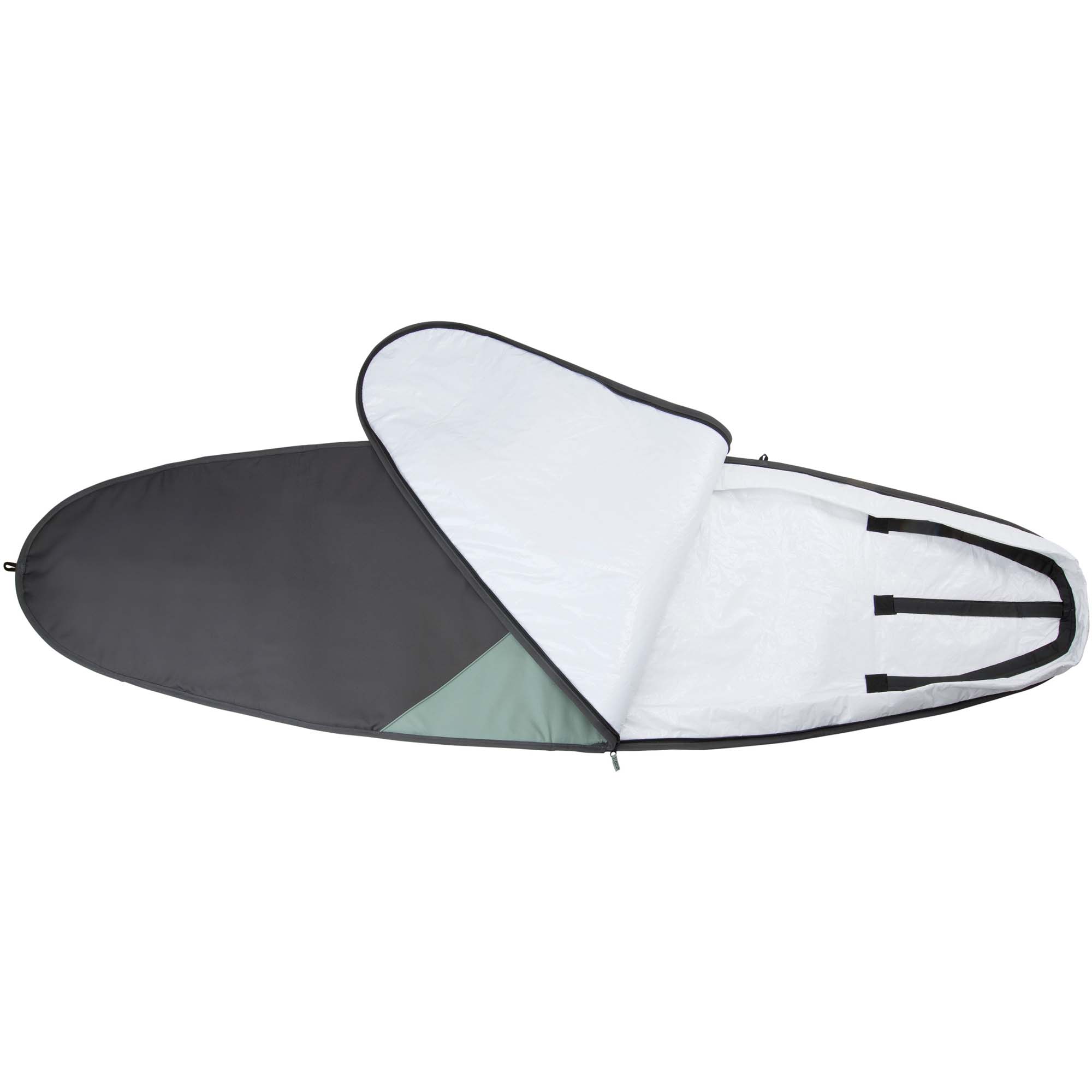 Gepolstertes Surfboard-Boardbag - Windsport Fehmarn Ein teilweise geöffnetes, gepolstertes Boardbag für Surfboards auf weißem Hintergrund.