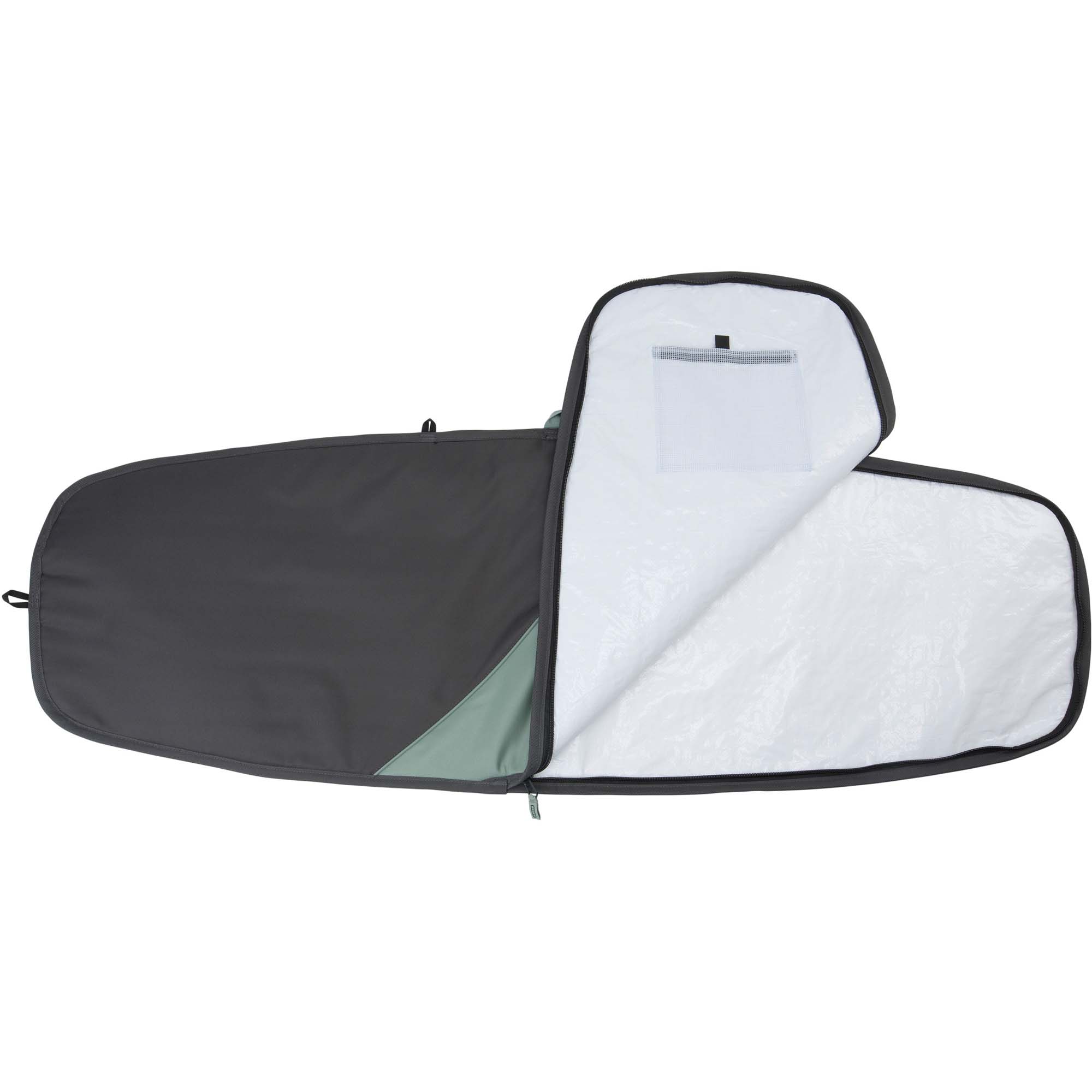 Gepolsterte Kitesurf-Boardtasche geöffnet - Windsport Fehmarn Geöffnete dunkelgraue Kitesurf-Boardtasche mit weißem Innenfutter vor weißem Hintergrund
