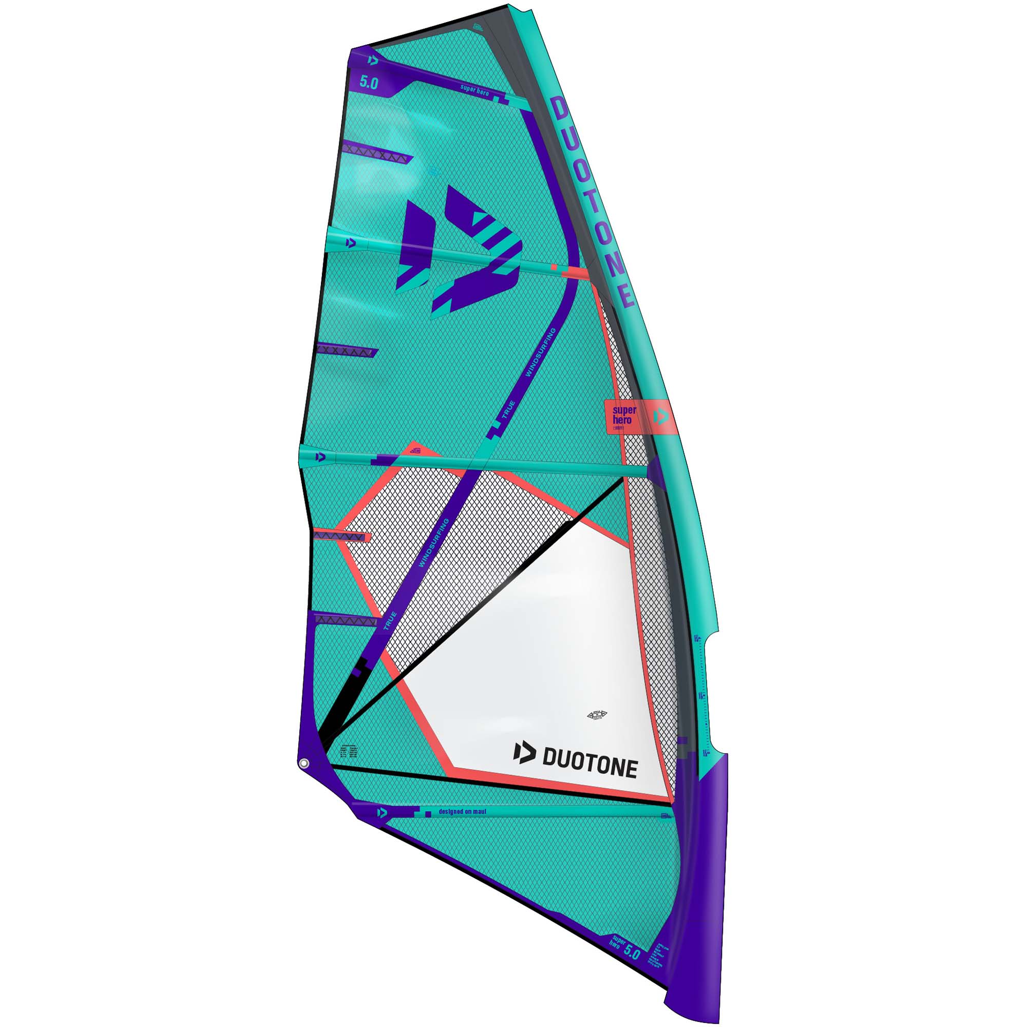 Duotone Super Hero Windsurfsegel - Windsport Fehmarn Duotone Super Hero Windsurfsegel in Türkis und Lila auf weißem Hintergrund