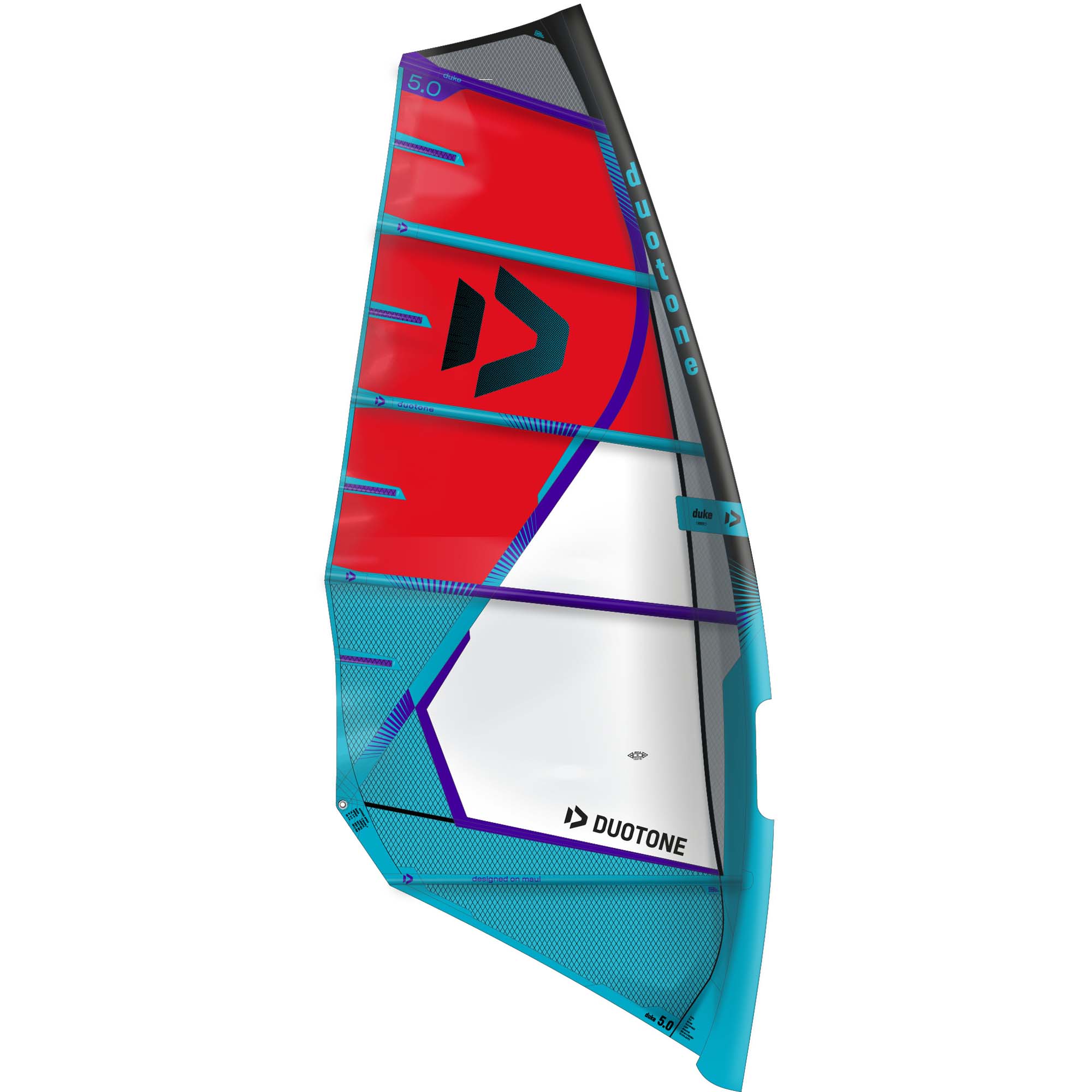 Duotone Duke Windsurfsegel 5.0 - Windsport Fehmarn Duotone Duke Windsurfsegel in Rot, Weiß und Blau mit der Größenangabe 5.0 vor weißem Hintergrund.
