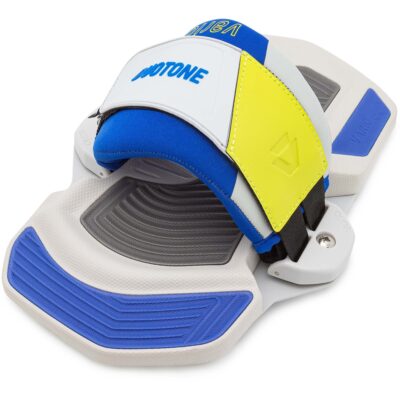 Duotone Vario Bindung für Kitesurf-Boards in Weiß, Blau und Neongelb vor weißem Hintergrund.