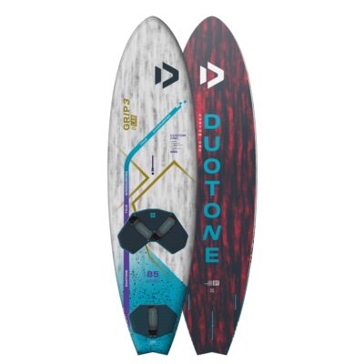 Vorder- und Rückansicht eines Duotone Grip 3 Windsurfboards mit weißem und dunkelrotem Design.