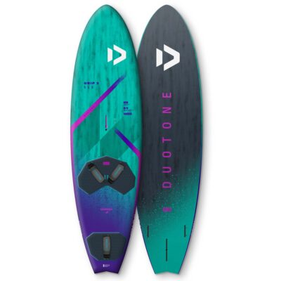 Vorder- und Rückseite des Duotone Grip 3 SLS Windsurfboards in Türkis, Lila und Schwarz vor weißem Hintergrund.