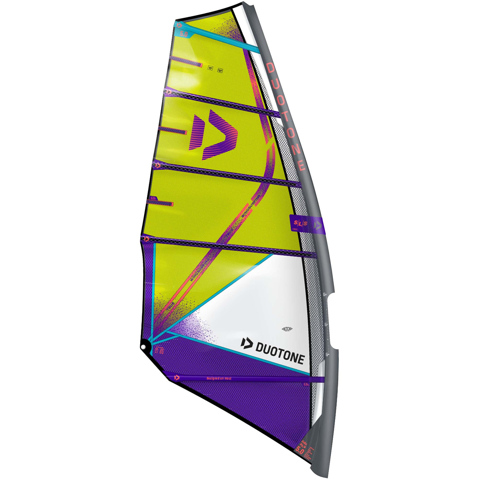Duotone Duke Windsurfsegel 5.0 - Windsport Fehmarn Duotone Duke Windsurfsegel in gelb und lila mit 5.0 Größe vor weißem Hintergrund