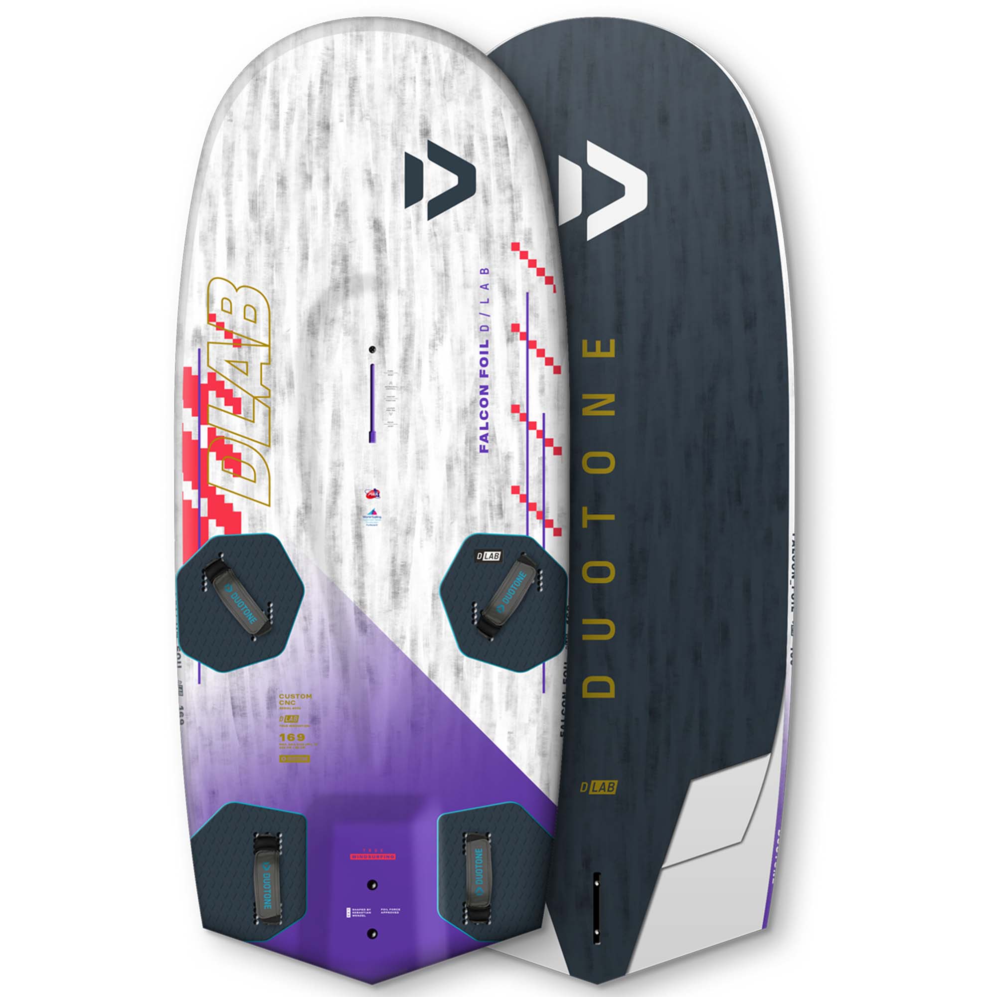 Duotone Falcon Foil D/LAB Board - Windsport Fehmarn Zwei Ansichten des Duotone Falcon Foil D/LAB Windsurf-Board mit weißem, violettem und dunkelgrauem Design.