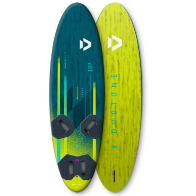Draufsicht des Duotone Eagle SLS Windsurfboards in Petrol und Limettengrün vor weißem Hintergrund.