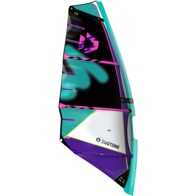Duotone Idol Windsurfsegel in Türkis, Schwarz und Violett mit der Größenangabe 4.8 auf weißem Hintergrund.