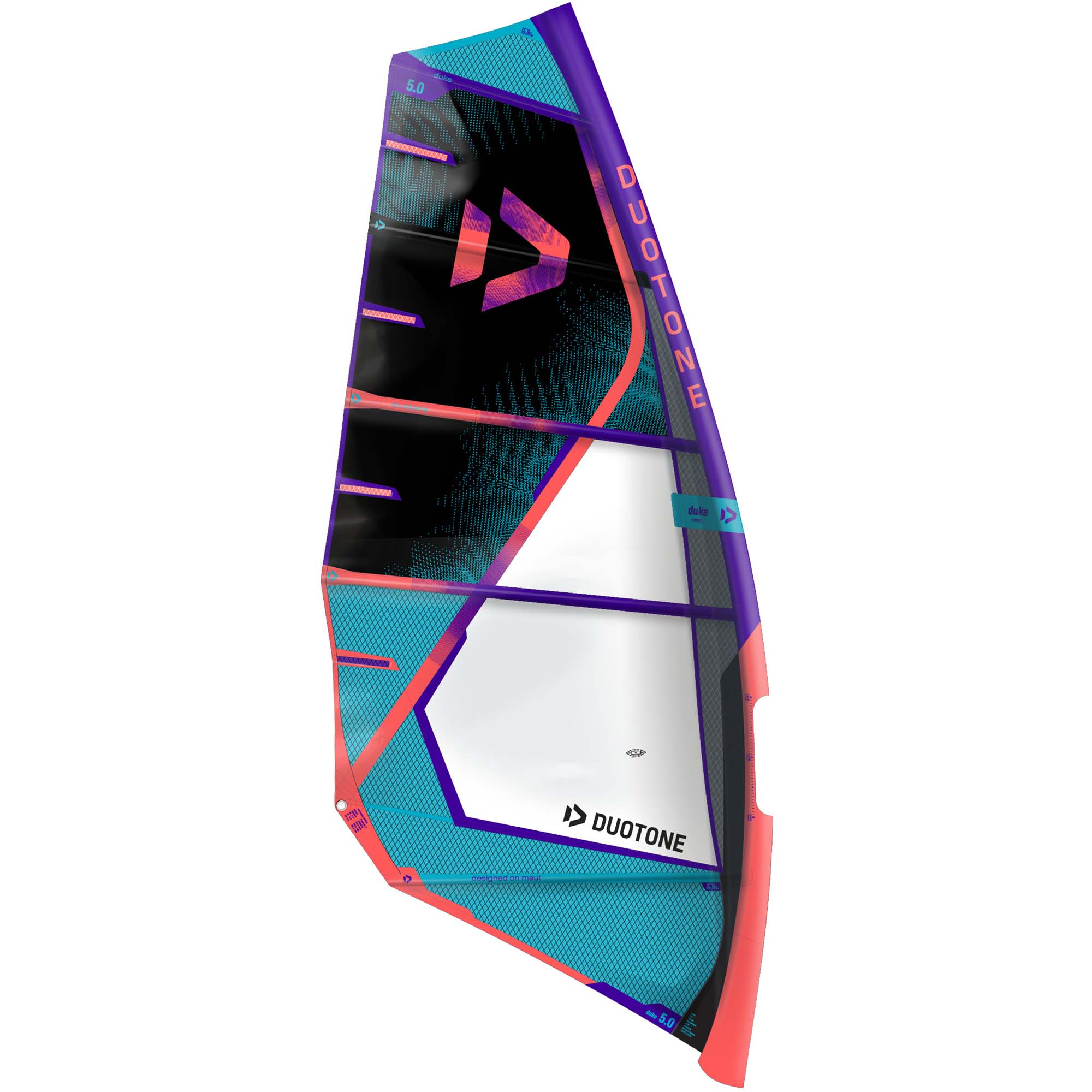 Duotone Duke 5.0 Windsurfsegel - Windsport Fehmarn Ein Duotone Duke 5.0 Windsurfsegel in auffälligem Design mit violetten, türkisen und orangen Farbakzenten.