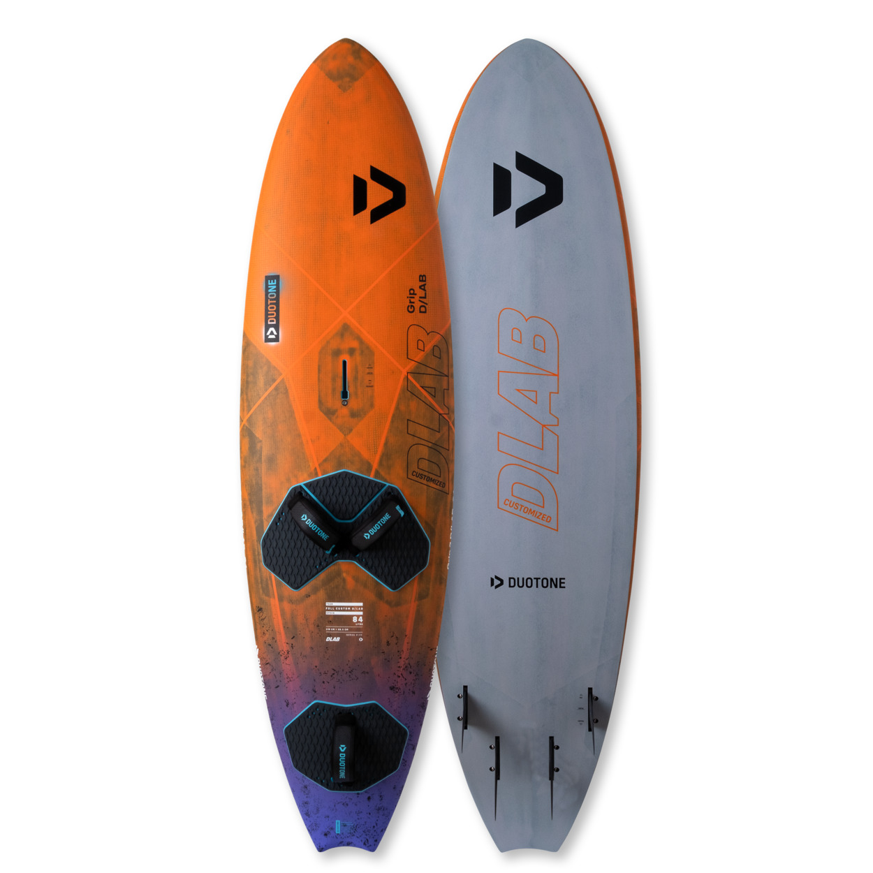 Duotone Grip D/LAB Windsurfboard - Windsport Fehmarn Vorder- und Rückseite des orange-violetten Duotone Grip D/LAB Windsurfboards auf weißem Hintergrund.