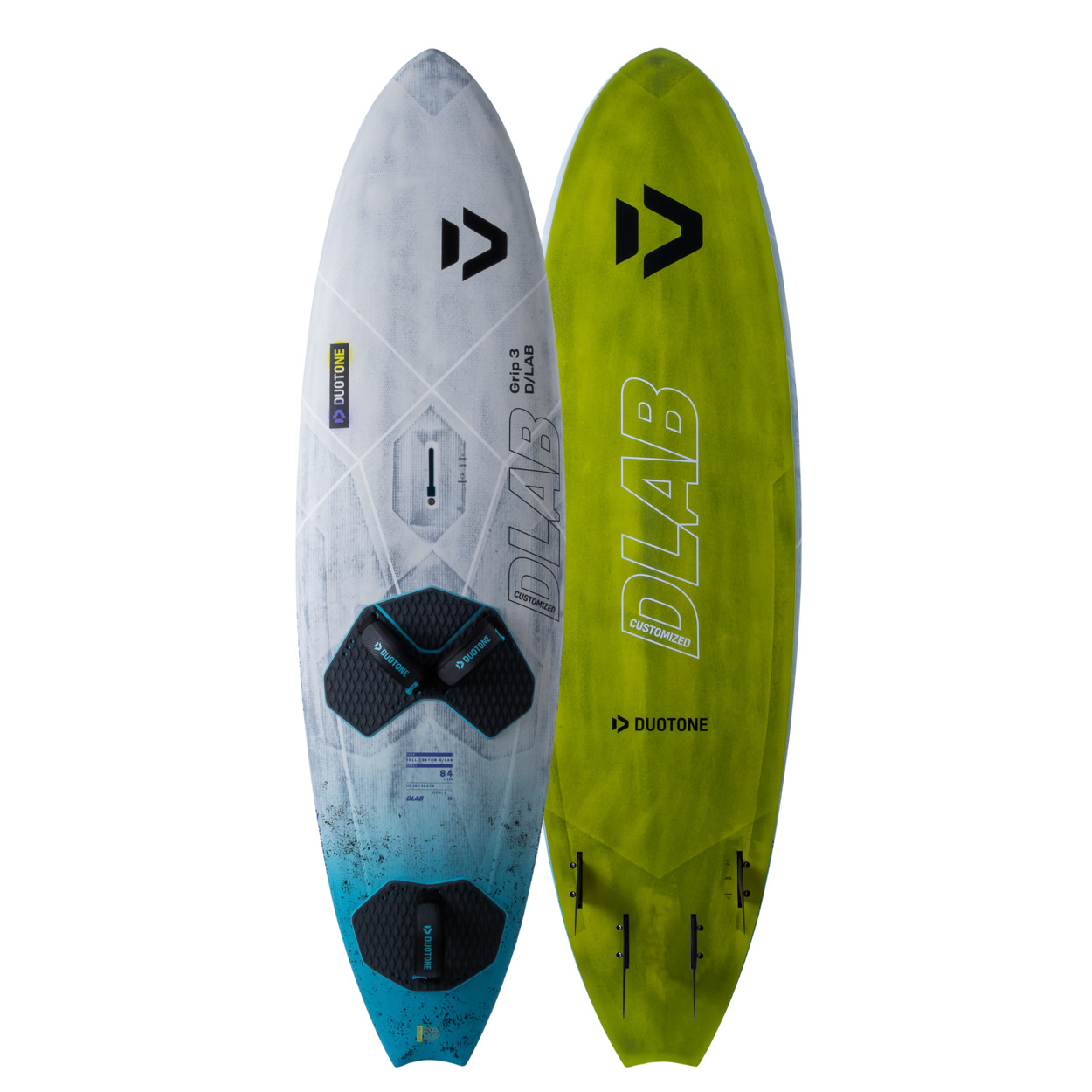 Duotone Grip 3 D/LAB Windsurfboard - Windsport Fehmarn Zwei Duotone Grip 3 D/LAB Windsurfboards in Weiß-Blau und Olivgrün vor weißem Hintergrund.
