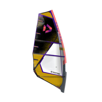Duotone Duke Windsurfsegel in Gelb, Schwarz und Violett auf weißem Hintergrund.
