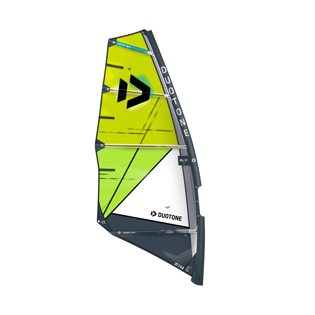 Duotone Super Hero SLS Windsurfsegel - Windsport Fehmarn Ein neongelbes und anthrazitfarbenes Duotone Super Hero SLS Windsurfsegel vor weißem Hintergrund.