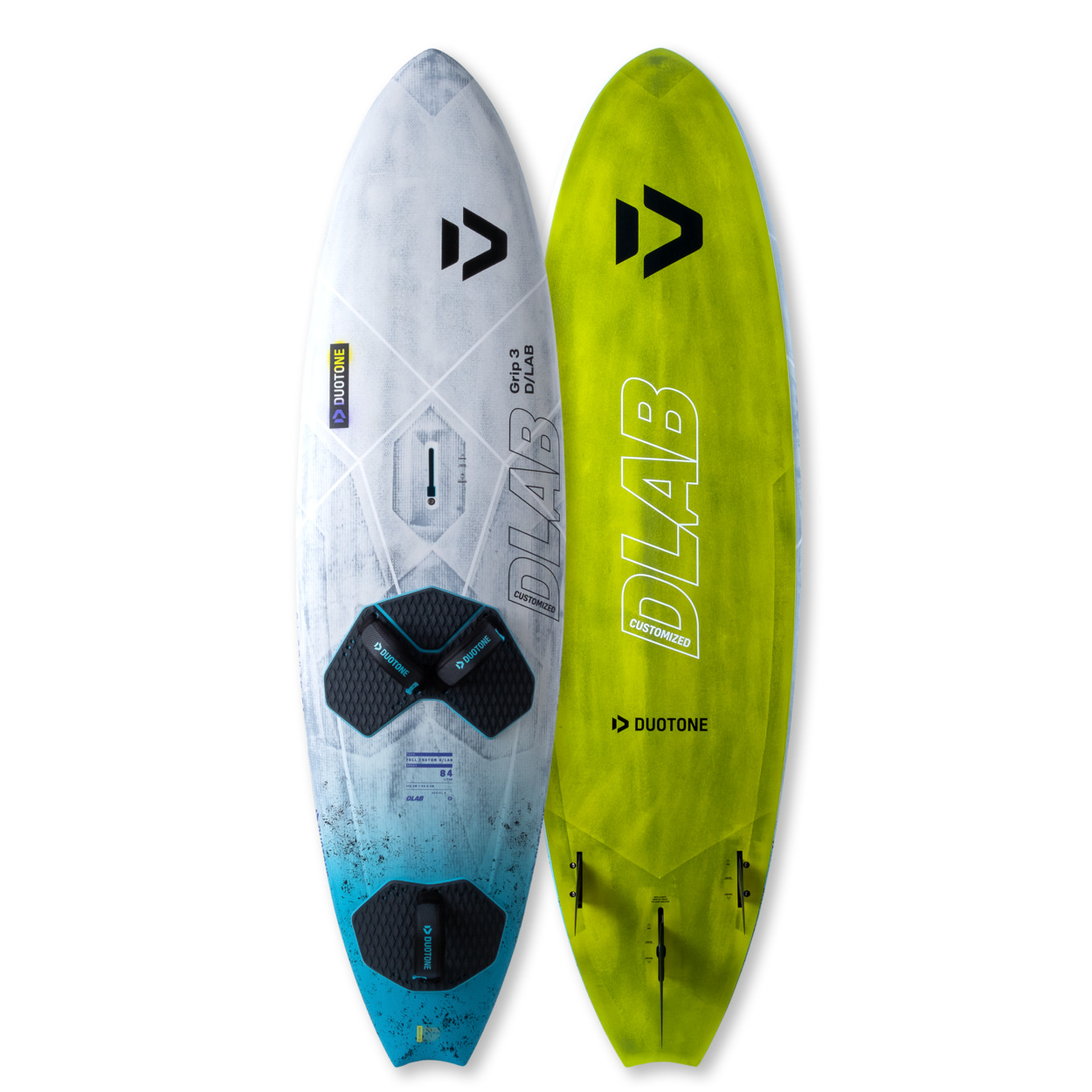 Duotone Grip 3 D/LAB Windsurfboard - Windsport Fehmarn Zwei Duotone Grip 3 D/LAB Windsurfboards, eines in Weiß-Blau und eines in Neongelb, auf weißem Hintergrund.