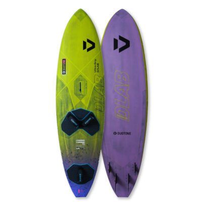 Vorder- und Rückseite des Duotone Ultra Grip D/LAB Windsurfboards in Gelb- und Lilatönen vor weißem Hintergrund.