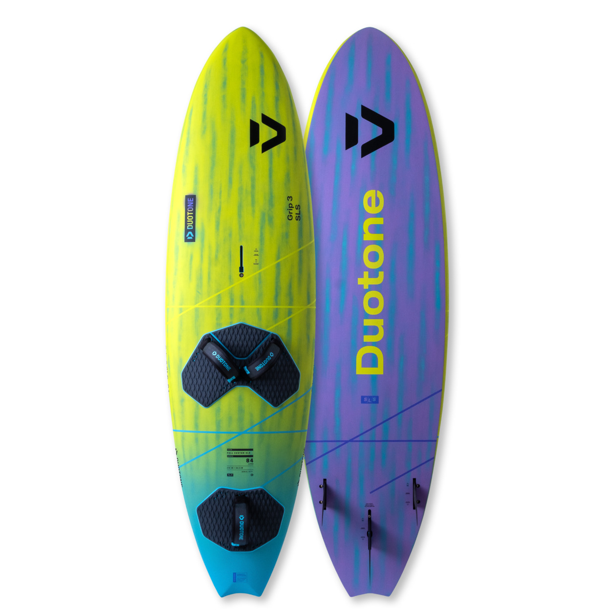 Duotone Grip 3 SLS Windsurfboard - Windsport Fehmarn Zwei Duotone Grip 3 SLS Windsurfboards in neongelb-türkis und lila-gelb vor weißem Hintergrund.