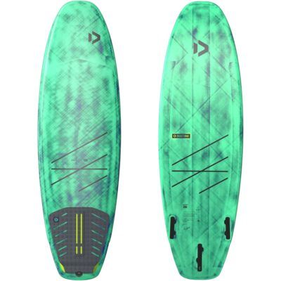Vorder- und Rückseite des mintfarbenen Duotone Whip SLS Surfboards mit schwarzem Pad und Finnenaufnahme.