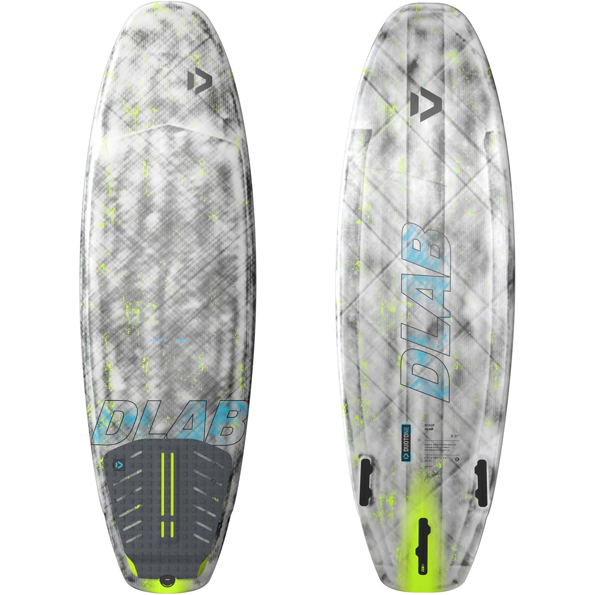 Duotone Whip D/LAB Surfboard - Windsport Fehmarn Vorder- und Rückansicht des Duotone Whip D/LAB Kite-Surfboards in Grau und Neon-Gelb vor weißem Hintergrund.