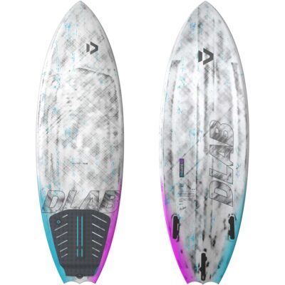 Vorder- und Rückansicht des Duotone Volt D/LAB Kite-Surfboards in Weiß mit blau-pinkem Farbverlauf.
