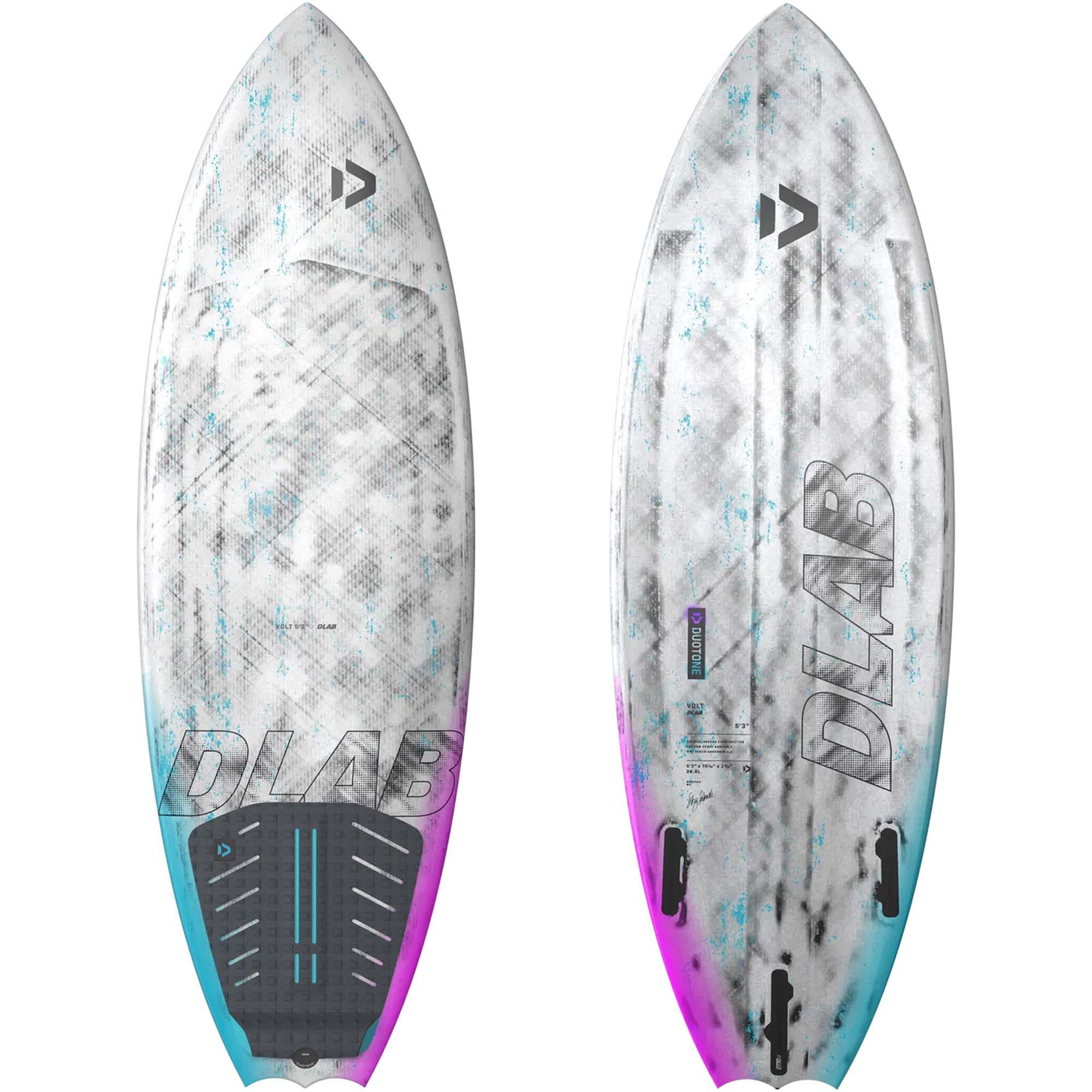 Duotone Volt D/LAB Surfboard - Windsport Fehmarn Vorder- und Rückansicht des Duotone Volt D/LAB Kite-Surfboards in Weiß mit blau-pinkem Farbverlauf.