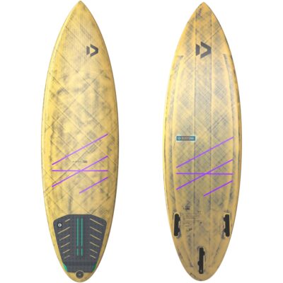 Vorder- und Rückseite des Duotone Blur SLS Surfboards in vergilbtem Design mit violetten Linien auf weißem Hintergrund.