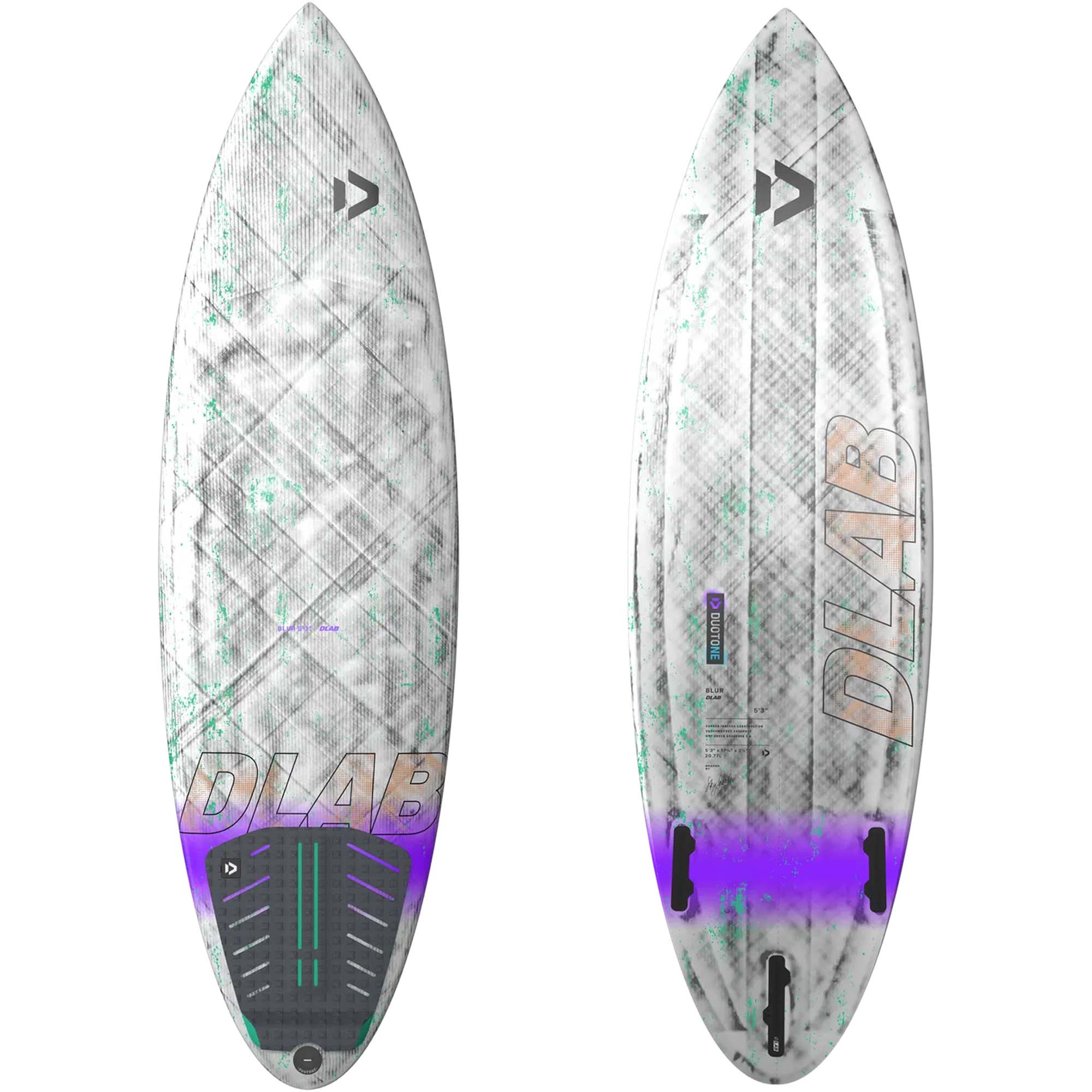Duotone Blur DLAB Kitesurfboard - Windsport Fehmarn Vorder- und Rückansicht eines weißen Duotone Blur DLAB Kitesurfboards mit violettem Designelement am Heck.