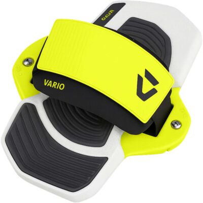 Einzelne gelb-schwarze Duotone Vario Fußschlaufe für Kitesurfboards vor weißem Hintergrund.