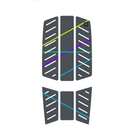 Graues Deckpad für Wingboards mit bunten diagonalen Linien und Markenlogo
