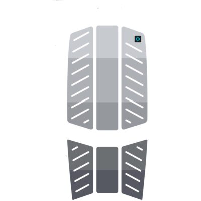 Graues Deckpad-Set für Surfboards mit gestreiftem Muster und kleinem Markenlogo in der oberen rechten Ecke.
