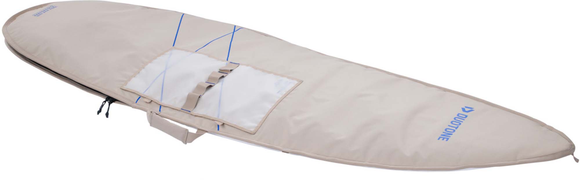 Duotone Surfboard-Boardbag in Beige - Windsport Fehmarn Beigefarbenes Duotone Surfboard-Boardbag in der Seitenansicht vor weißem Hintergrund.