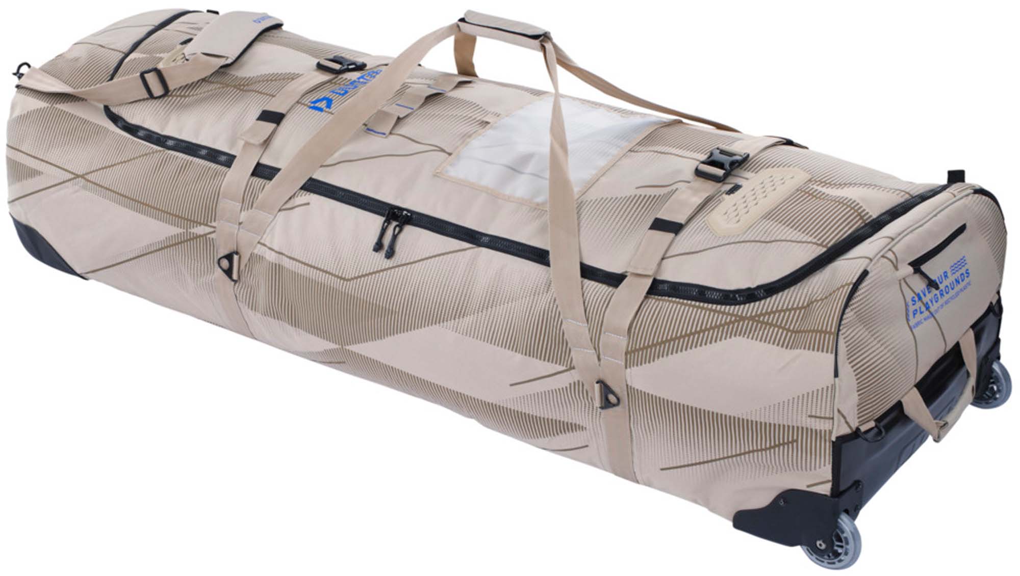 Duotone Kite Travel Bag - Windsport Fehmarn Beigefarbene Duotone-Reisetasche für Kitesurf-Ausrüstung auf Rollen vor weißem Hintergrund