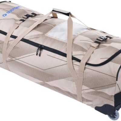 Beigefarbene Duotone Boardbag für Kitesurfausrüstung mit Rollen und Tragegriffen vor weißem Hintergrund.