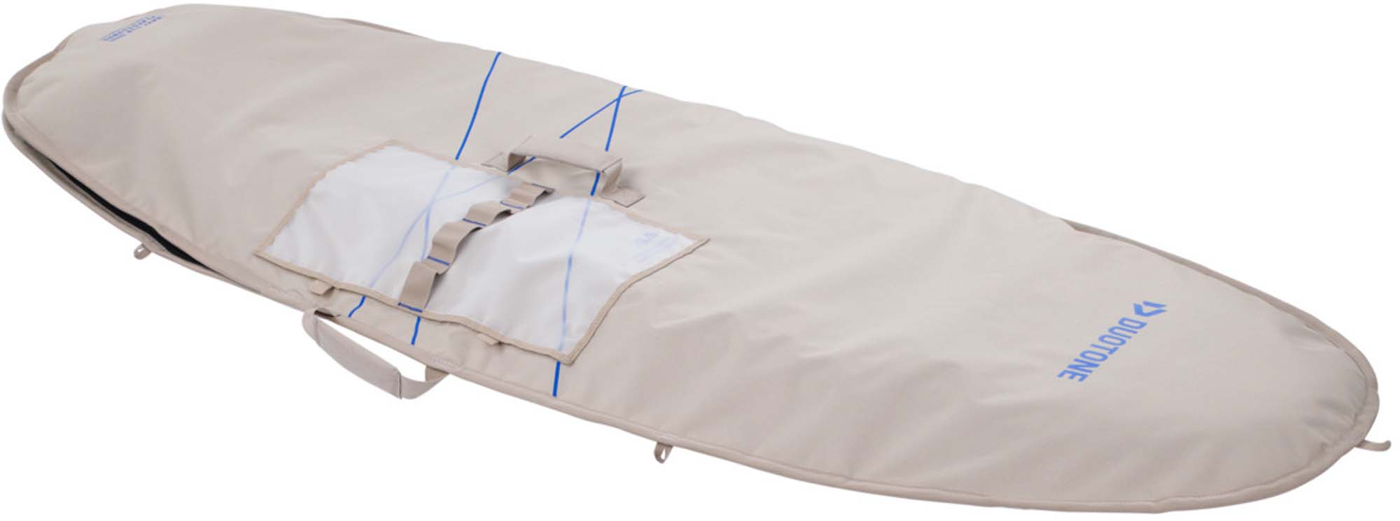 Duotone Kitesurf-Boardbag in Beige - Windsport Fehmarn Beiges Duotone Kitesurf-Boardbag für den sicheren Transport von Boards vor weißem Hintergrund.