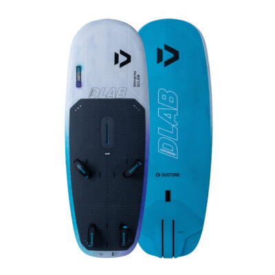 Vorder- und Rückseite des Duotone Stingray D/LAB Wingboards in Blau und Weiß mit montierten Fußschlaufen.
