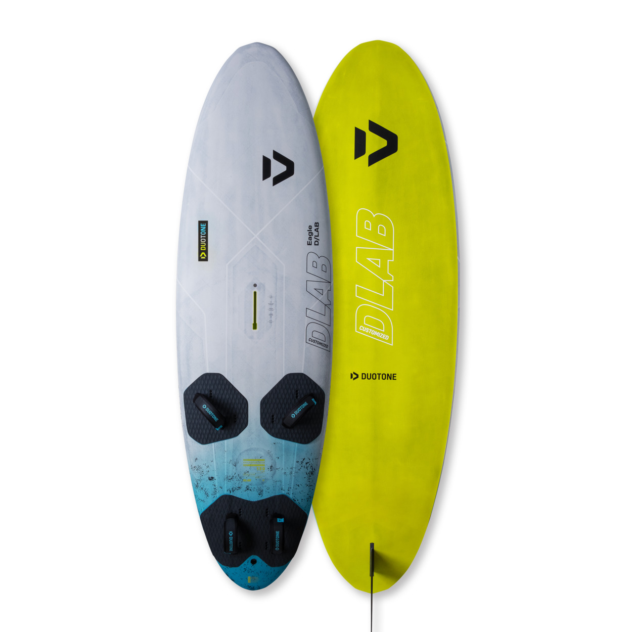 Duotone Eagle D/LAB Wingfoil Board - Windsport Fehmarn Vorder- und Rückansicht des Duotone Eagle D/LAB Wingfoil-Boards in Grau und Neongelb vor weißem Hintergrund.