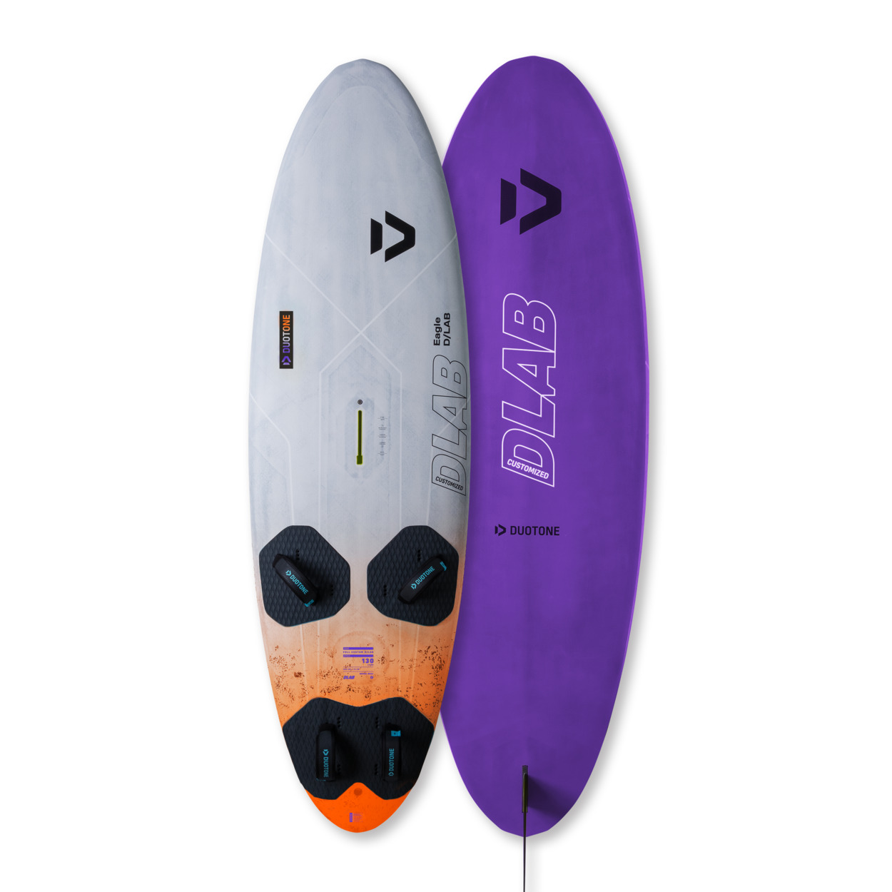 Duotone Eagle D/LAB Surfboard - Windsport Fehmarn Draufsicht eines Duotone Eagle D/LAB Surfboards in Grau-Orange sowie dessen lilafarbene Unterseite.